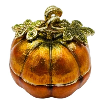 MONET Pumpkin Trinket Box ORANGE ENAMEL With Rhinestones Halloween Fall Harvest - Image 1 of 4