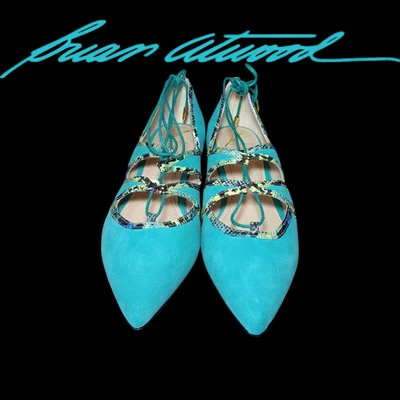 Zapatos planos de ballet Brian Atwood Sanaa azul gamuza cuero con cordones en punta talla 8,5 Foto 1 de 4