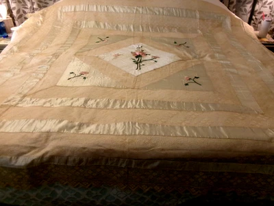 ANTIQUE EMBROIDERED & LACE BLUE SILK CHINOISERIE BEDSPREAD BED COVER 78X84 #2 - Image 1 of 4