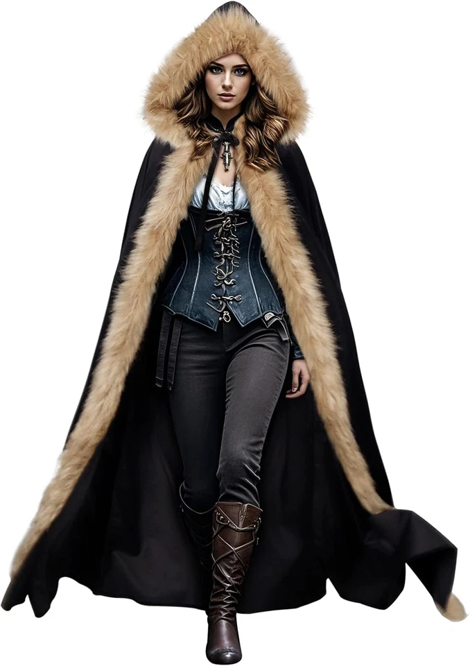 Viking Fur Hooded Cloak Medieval Velvet Cape with Hood for Halloween - Image 1 of 4