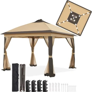 Gazebo Pop Up 11'x11' Tenda Istantanea con 17 Luci LED Solari e Rete a Rete con Cerniera - Foto 1 di 8