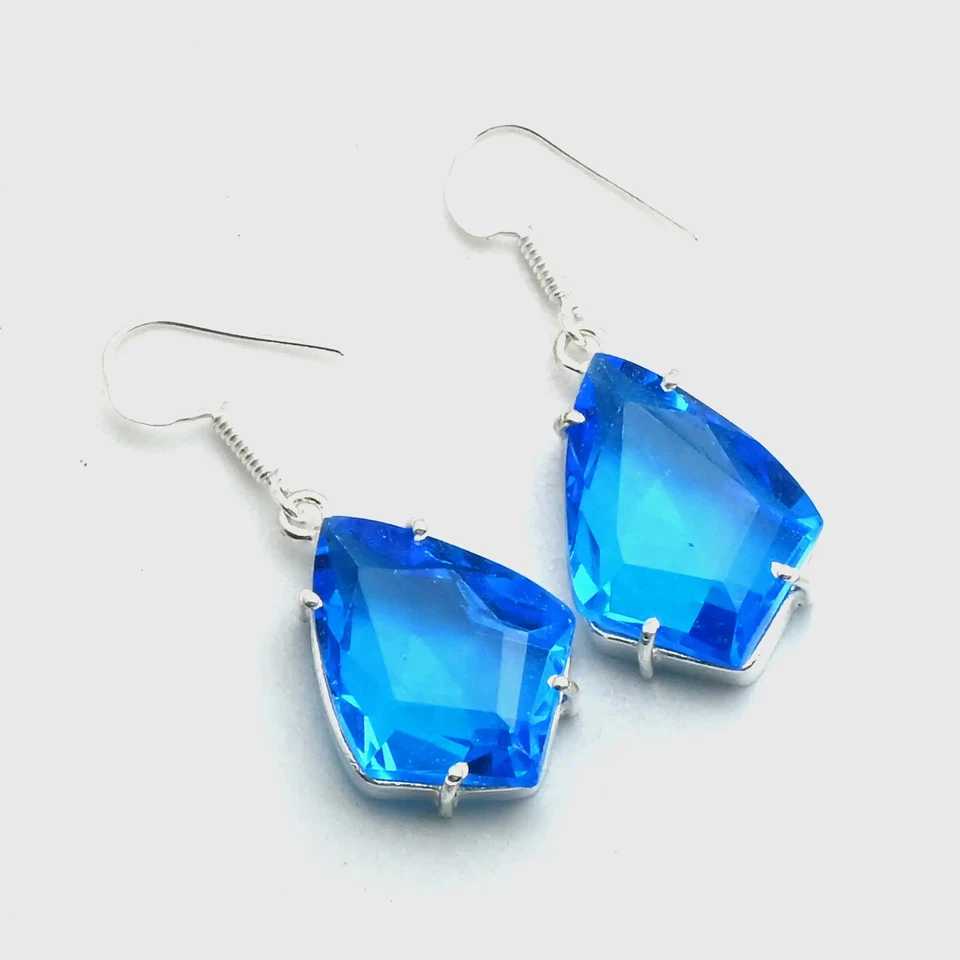 Pendientes colgantes hechos a mano con piedras preciosas de topacio azul joyería regalo 1,4" AE-11687 Foto 1 de 1