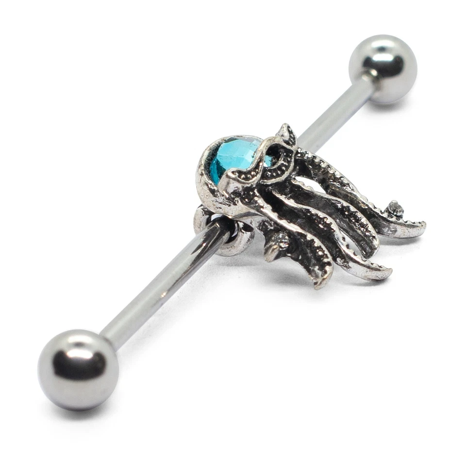 Pierce2GO Chapado en Plata Medusa Colgante Industrial Barra Acentuada con Azul Foto 1 de 4