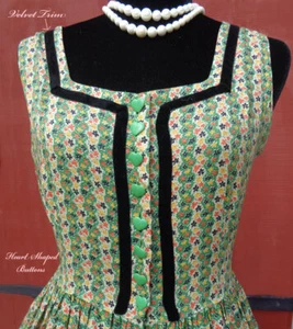 Vtg 50's Sun Dress Cotton Viole - Black Velvet Trim- Heart Buttons - Picture 1 of 4