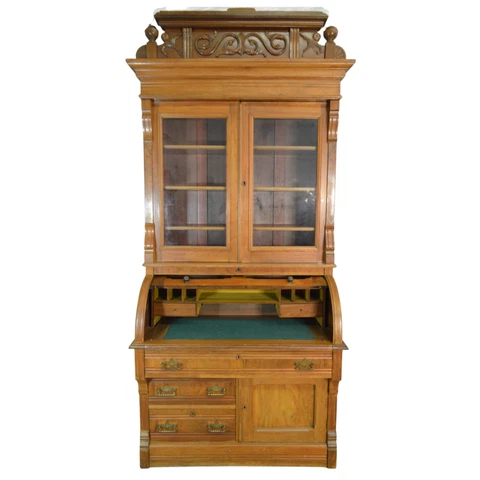 Antique Secretary Desk, Victorian Extra Large Cylinder Bookcase Desk #21375 Cover