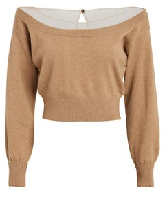 ALEXANDER WANG Fitted Crop Sheer Yoke Pullover Sweater in Beige L Wool Cashmere - Picture 1 of 9