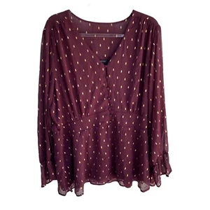 Top blusa in chiffon manica lunga Lane Bryant peplo metallizzato, bordeaux e oro S22 - Foto 1 di 6