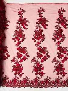 Floral 3D Rose Fabric - Burgundy - Embroided Rose Flower Design Fabric by Yard