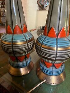 Pair of Vtg MCM Table Lamps 1958 C. Miller ceramic turquoise & orange no shades