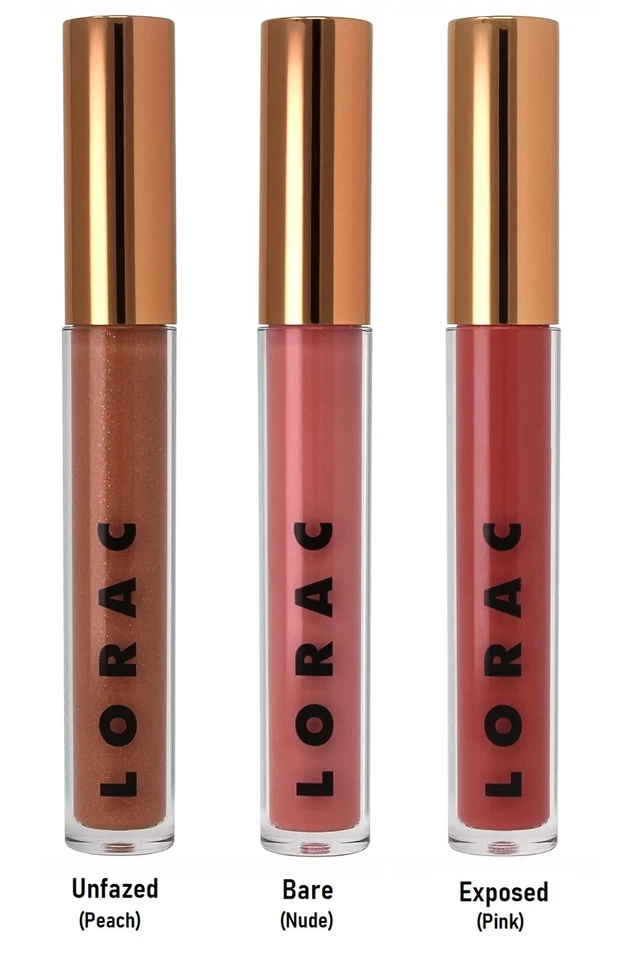 Trío de brillo de labios de seda transparente sin cremallera LORAC, IMPERTURBABLE, DESNUDO Y EXPUESTO Foto 1 de 2