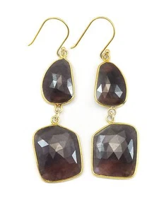 Red Sapphire Earrings Natural Bezeled Double 14k Solid Yellow Gold 2 Inch Drop - Picture 1 of 2