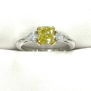 3 Stone GIA 1.41 TCW Fancy Intense Yellow Diamond Engagement Ring 18k White Gold - Picture 1 of 8