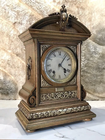 antique Germany LENZKIRCH bracket strikes Clock ,walnut Case & Carved Brass Cover