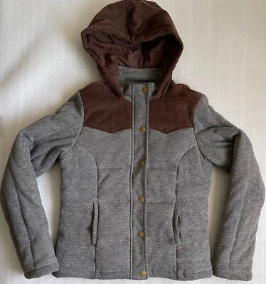 JAQUETA ACOLCHOADA COM CAPUZ ONEILL, YOUTH M, CINZA E MARROM, ESTILO WESTERN, EXCELENTE ESTADO USADO - Imagem 1 de 4