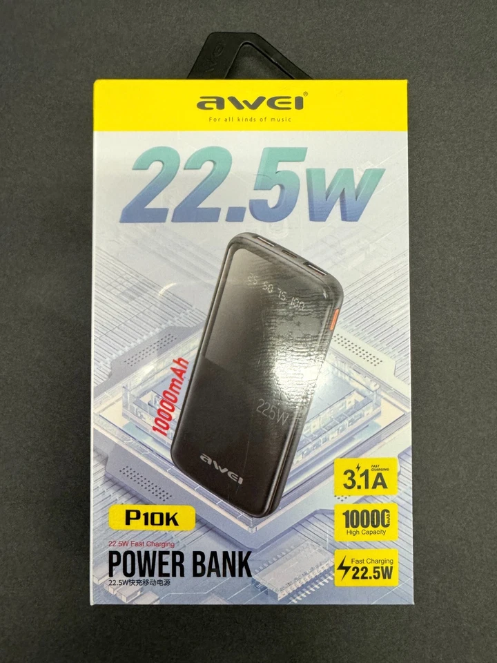 Banco de alimentación 3 en 1 Awei P10K 10000 mAh con 2 salidas USB y 1 tipo C carga rápida 22,5 W Foto 1 de 2