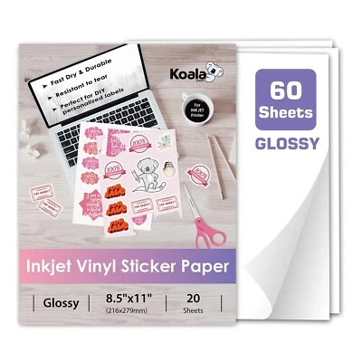 Koala Printable Vinyl Sticker Paper Waterproof Glossy Inkjet Printer 60 Sheets - Image 1 of 4