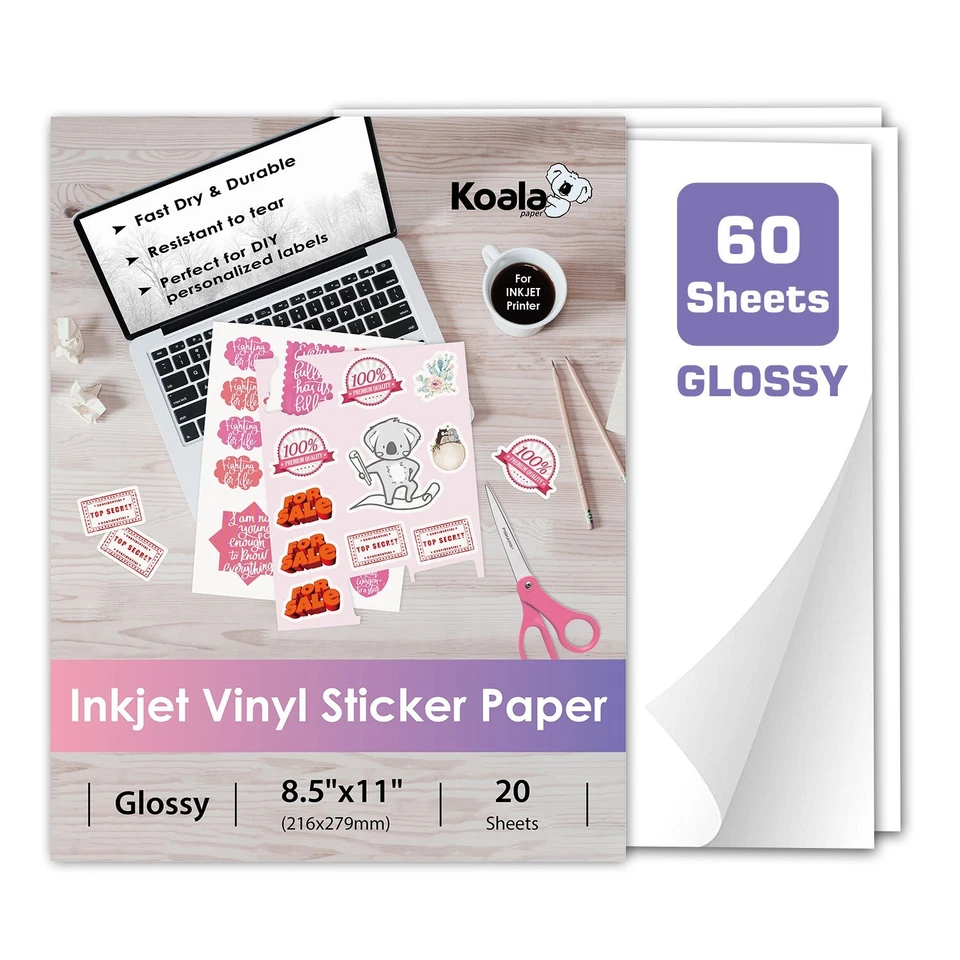 Koala Printable Vinyl Sticker Paper Glossy Waterproof  Inkjet Printer 60 Sheets - Image 1 of 4