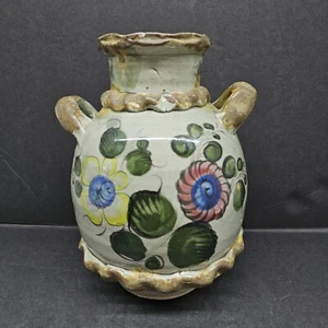 Mexican Art Pottery Green Hand Painted Flower Double Handle Tonala Vase B7 - Picture 1 of 13