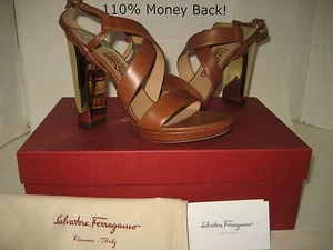 $575 NUEVAS Sandalias Zapatos Salvatore Ferragamo Bubina Cuero Bronceado Puntera Abierta - Imagen 1 de 9