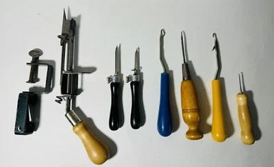 Lot of 7 Vintage Primitive Rug Hooking Tools Wood Handles, Bluenose,& Clamp - Image 1 of 4