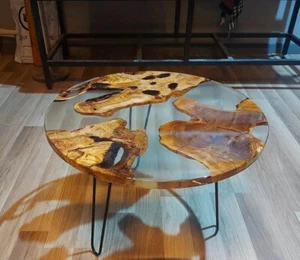 Clear Round Epoxy Side Table Handmade Cafeteria Elegant Furniture Garden Decors - Picture 1 of 8
