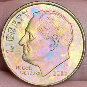 2018-P Roosevelt Groschen schöne glänzende Gold-/Regenbogenfarbene Münze AU #6 - Bild 1 von 16