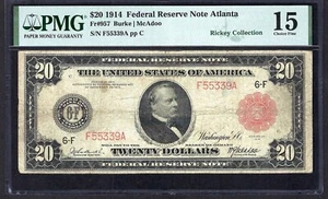 🇺🇸 1914 $20 RED-SEAL FR-957 ♚♚ATLANTA♚♚ PMG CH FINE 15 ONLY 23 KNOWN, SCARCE - Picture 1 of 2