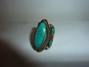 Large Native American Statement Turquoise Red Coral Silver Alpaca Ring Sz 8 - Picture 1 of 10