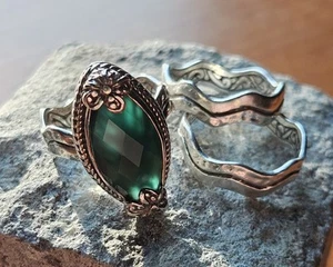SARDA 925 SS Marquise Checkerboard Green Onyx Ring with 2 Matching Bands Size 8 - Picture 1 of 11