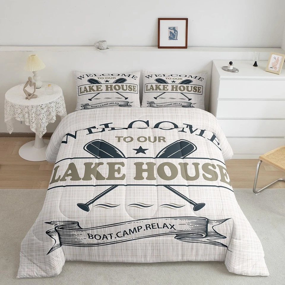 Lake House Comforter Set Twin Size,Go Boating Paddle Lake Life Themed Bedding... - Image 1 of 4