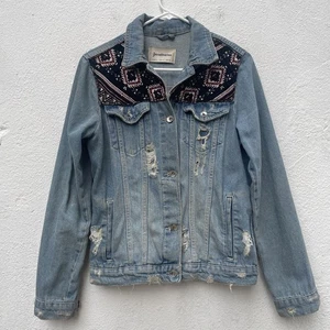 Stradivarius bestickte Denim Jeansjacke Damen Small 38 blau distressed Retro - Bild 1 von 18