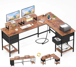 66" L Shaped Computer Desk with Power Outlets, Home Office Desk with 4 Adjust... - Picture 1 of 7