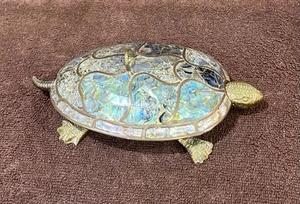 Gebrauchte wunderschöne Vintage Messing Tiffany wie grüne Schildkröte Schmuckschatulle Dekor - Bild 1 von 7
