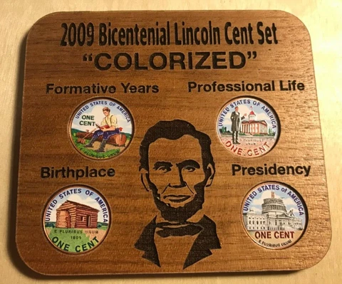 ALL COLORIZED 2009 Lincoln Anniversary Cents 4 Coins ONE OF A KIND in WALNUT Cover