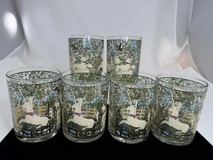 Cera Vintage Enchanted Forest Hunt Of Unicorn X6 MCM Glasses Barware Gold MINT - Picture 1 of 23