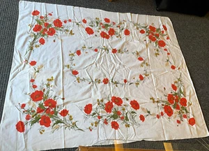Vintage Tablecloth Linen Cotton POPPIES POPPY Flowers Floral 52" x 62" - Picture 1 of 5