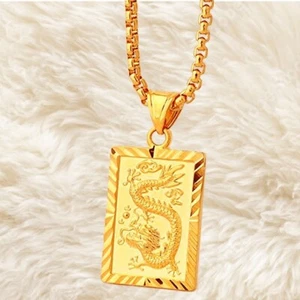 24k Yellow Gold Over Brass 24" Cuban Chain Link Dragon Pendant Necklace D451 - Picture 1 of 6