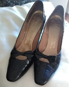I Magnin Women's Shoes Pumps design by Evins 9 1/2 N Black Lizard Bow Spike Heel - Picture 1 of 11