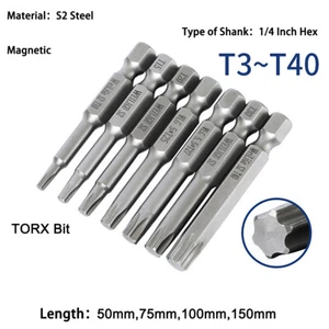Broca Torx de 50-150 mm de largo S2 acero magnético vástago de 1/4" T3-T40 estrella reemplazo rápido - Imagen 1 de 9