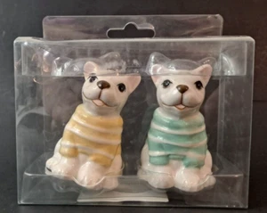 White Bulldogs with Sweaters Salt & Pepper Shakers Ceramic Dogs 3.5” NEW - Picture 1 of 3