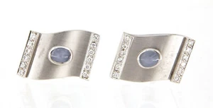 14k White Gold Men's Oval .75tcw Star Sapphire and Diamond Cufflinks 3/4" - Picture 1 of 5