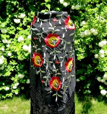 Vintage Chinese Black Silk Heavily Embroidered Piano Shawl 49 inches Square VGUC - Image 1 of 4