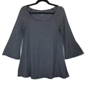 THREE DOTS Womens S Long Sleeve Boatneck Top Striped Trapeze Bell Sleeve Black - Picture 1 of 10