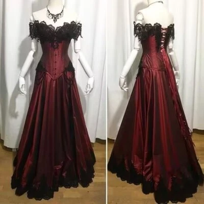 Gothic Wedding Dress Satin Burgundy Black Lace Applique Off Shoulder Bridal Gown - Image 1 of 4