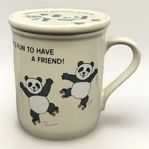 Vintage Hallmark 1984 Panda Friends 10oz Mug W/Lid Japan Skating Panda Friends - Picture 1 of 9