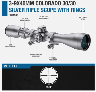 Прицел винтовочный Barska 3-9x40 мм сетка 30/30 серебристый с кольцами, CO11538 - Изображение 1 из 4