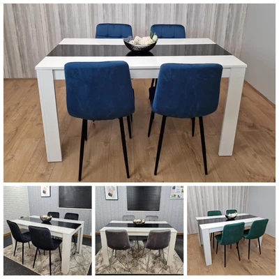 Black & White Wood Dining Table Set with 4 Velvet Chairs Dining Room Furniture - Image 1 of 4