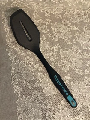 Tupperware Slotted Spatula Pancake Turner Flipper Black Aqua 13” - Image 1 of 4