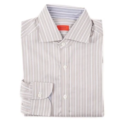 Camisa de vestir Isaia Trim-Fit 'Mix' de algodón a rayas tostadas y blancas 15,5 (UE 39) NUEVA CON ETIQUETAS Foto 1 de 4