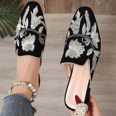 2025 New Embroidered Chinese Style Suede Shoes Retro Women's Flats Half Slippers - Image 1 of 4